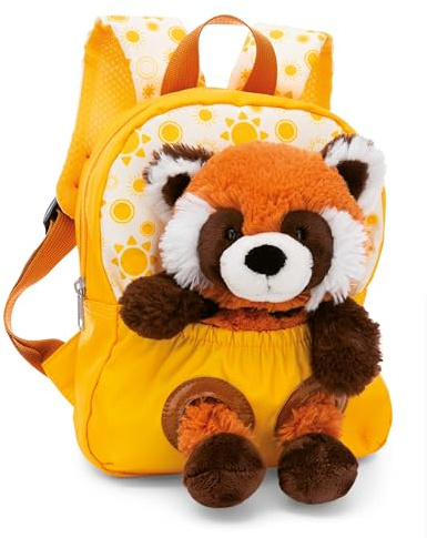 NICI mochila infantil amarilla 2 en 1 con peluche panda rojo 25cm - Mochila para guardería niñas y niños - Zona lumbar suave y correas ajustables - 49854