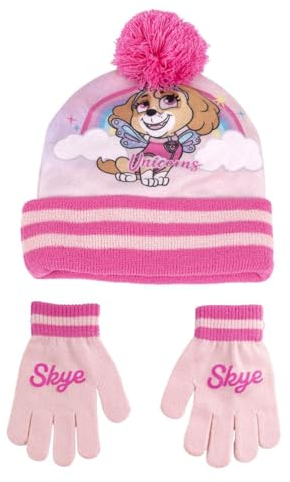 PAW PATROL Mütze und Handschuh Set Mädchen und Jungen Wintermütze Bommelmütze Winterhandschuh (DE/NL/SE/PL, Numerisch, 53, Rot)