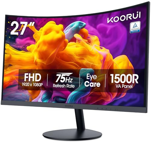 KOORUI 27 Inch Curved Monitor FHD 1080P 75Hz Gaming Monitors Computer Monitor With Hdmi Vga, Adjustable Tilt, 1500R, Eye Care, Black, 27N5Ca