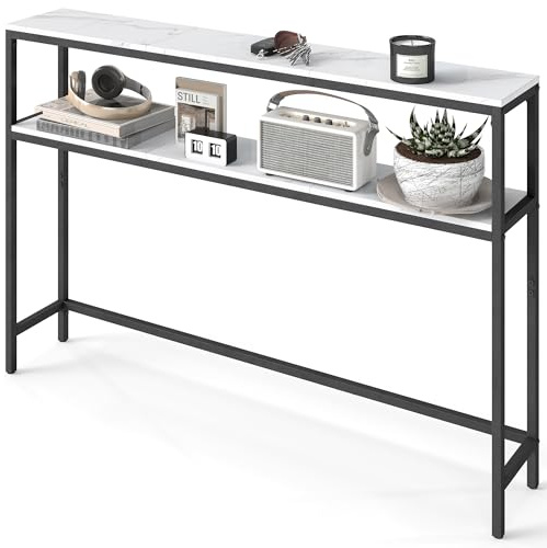 VASAGLE Console Table, 2-Tier Slim Sofa Table, 20 x 120 x 80 cm, Hallway Table with 2 Shelves, for Living Room, Entryway, Marble White and Ink Black LNT133W59V1