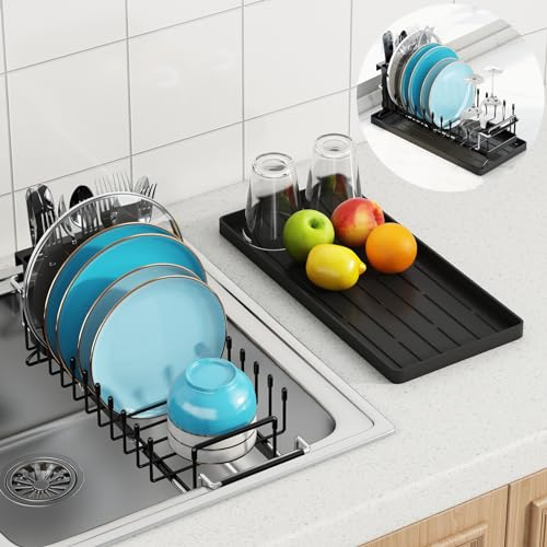 Petit Egouttoir Vaisselle, Egouttoir a Vaisselle Cuisine Extensible, Seche Vaisselle Sur Evier Avec Porte-couverts, égouttoir Compact En Acier Inox, Support De Séchage Pour évier De Cuisine 14''-19''