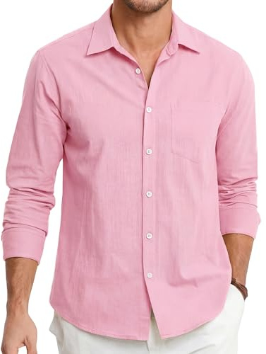 HISDERN Chemises en Lin pour Homme Rose Manches Longues Décontractée Boutonnées Légères Été Chemise Coupe Régulière de Plage Casual Shirts 4XL