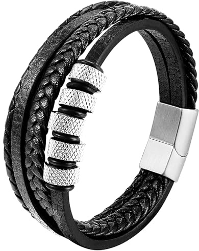 Mochity Läderarmband för män, pärlarmband, svart blå bruna armband för män, med presentförpackning, 21CM, Läder, rostfritt stål, läder