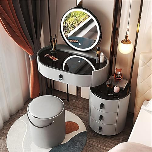Moderner Make-up-Schreibtisch mit LED-beleuchtetem Spiegel, Glasplatte, Schubladen, Beistellschrank und Stuhl, 3 Beleuchtungsfarben, perfektes Schminktisch-Set für Sie, Grau, 60 cm