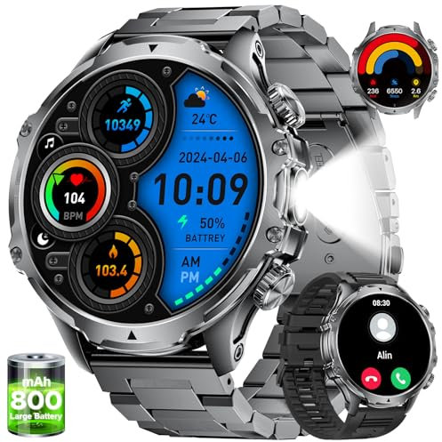 LIGE Smartwatch Digitale Uomo con Torcia LED/800mAh, 1.85'' HD Orologio Smartwatch con Chiamata Bluetooth, IP68 Impermeabile 110+ modalità Sportive Cardiofrequenzimetro SpO2 e Sonno, per Android iOS