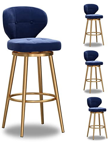Set mit 4 modernen Samt-Drehhockern mit Rückenlehne, blau, gepolsterte Barhocker für Kücheninsel, 360° drehbar, Thekenhöhe 75 cm