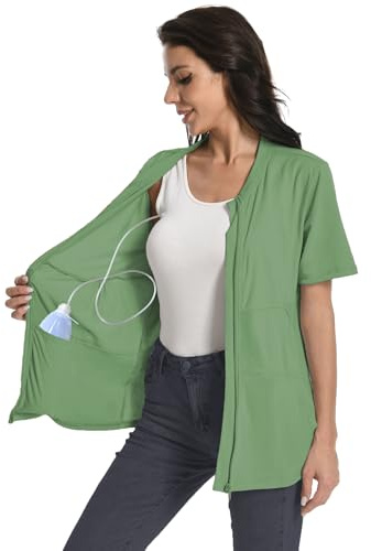 Mastectomy Shirt with Drain Pockets Breast Mastectomy Recovery Supplies Nephrostomy Drain Bag Tummy Tuck Must Haves Clothing Comfy Post OP Camisoles After Mastectomy Short Sleeve Shirts Grass Green