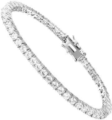 DOJUTI Pulsera clásica de tenis chapada en oro blanco de 18 quilates de 3 mm con circonita cúbica redonda para mujeres y hombres, cadena de diamantes, tamaños de 6 a 9 pulgadas, 4 puntas, 20,32 cm