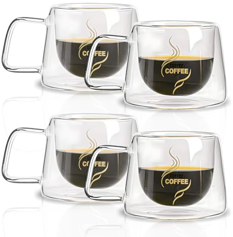 ASelected 4 PCS Double Walled Coffee Glasses Mugs,200ml Cappuccino Latte Macchiato Glasses Cups Set of 4,Heat Resistant Glass Cups with Handle for Hot Drinks Coffee Tea Milk Juice Ice Cream