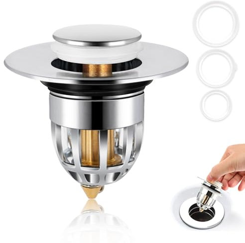 Tappo Lavandino Bagno - Tappo Vasca da Bagno - Nucleo in Rame e Corpo in ABS, Finitura Cromata, Design Pop-Up, Adatto per Bagno e Cucina (34–40mm) (Argento)