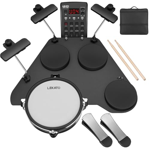 LEKATO Electronic Drum Set with Quiet Mesh Pads, Portable Electric Drum Kit, 220+ Sounds, USB MIDI, 2 Upgraded Big Pedals, Sticks, Travel Bag (Black-Big Pedal)