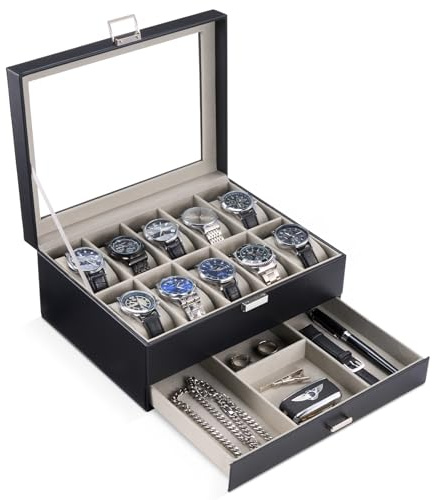 ProCase Watch Box, 10 fack klockdisplay fodral med låda – svart | Herrklockor fodral med glaslock, 2-lagers smyckesförvaring för män, juljubileum födelsedagspresenter för män