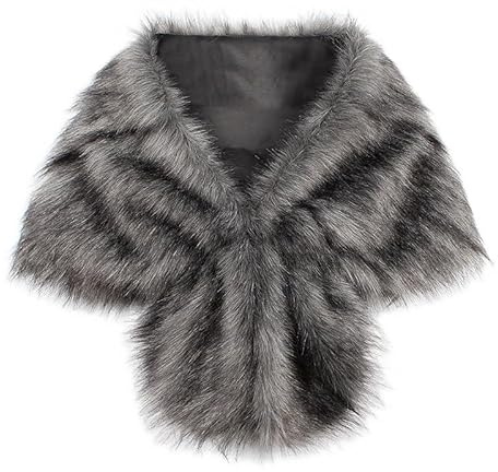 FakeFace Women Faux Fur Shawl Bridal Wedding Fur Stole Cape 1920s Winter Cloak Warm Scarf Shoulder Wrap for Evening Dresses (Gray-Style 2)