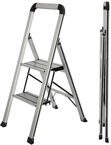 UZIRO Escalera 2 Peldaños, Escaleras Plegables de Aluminio Liviana, Decorativa, Peldaños Anchos Antideslizantes, Mecanismo Antiplegado, Compacta, Fácil de Guardar (2 Peldaños)