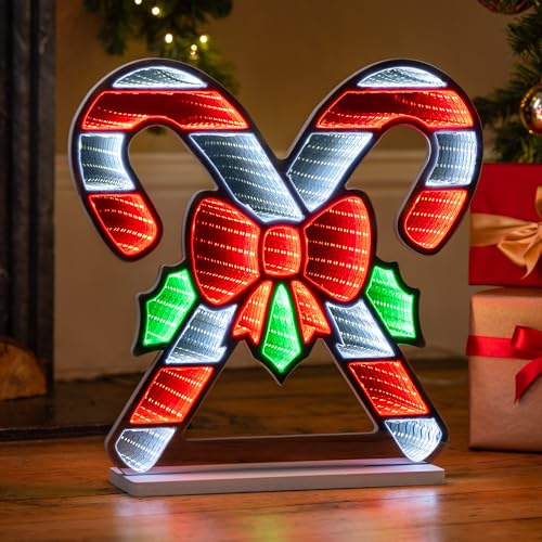 CHRISTOW Christmas Candy Cane Infinity Light, LED Tunnel Effect | Candy Cane Decoration, Red, White & Green LEDs, 3D Infinity Tunnel Effect, Double-Sided View, Wooden Base, Mains Powered