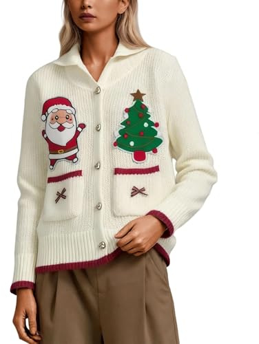 Generisch Cárdigan de Navidad para mujer, cárdigan festivo con Papá Noel, suéter de punto grueso, cárdigan de frente abierto, cárdigan de invierno y otoño, chaqueta de entretiempo, divertido suéter de