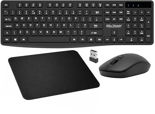 Alta Monte® Wireless Keyboard and Mouse Combo UK Layout with Mouse Pad, Full Size Ergonomic Keyboard, Quiet Adjustable DPI Wireless Mouse, 2.4GHz USB Receiver for PC Laptop Home Office.
