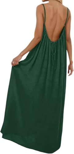 YBEBEWE Summer Dresses for Women UK Backless Cami Dresses Casual Lounge Solid Color Sleeveless House Dress Long Sundress with Adjustable Back Tie Army Green
