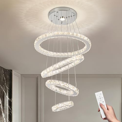 diisunbihuo 4-Ring LED Kristall-Kronleuchter Dimmbar | 4-Ring LED Kristall-Kronleuchter mit Fernbedienung Dimmfunktion und verstellbarer Ringhöhe für Wohn- und Esszimmer