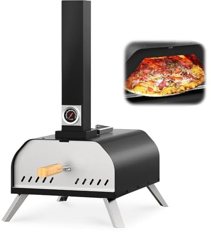Forno per pizza a pellet in legno con pietra, termometro e gambe pieghevoli | Macchina per pizza portatile per grigliare interni/esterni, cortile, campeggio o piano di lavoro