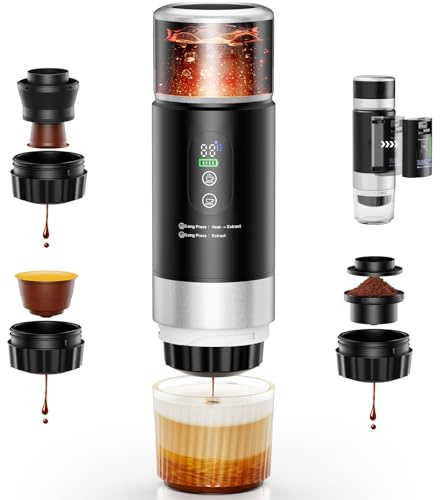 Cafetière Portable 3 en 1,Machine à Café à Capsules Expresso Cafetière Rechargeable avec Batterie 2×7500 mAh,compatible avec Capsules Ness-preso, Dolce-Gusto,pour Camping,Bureau,Voyage