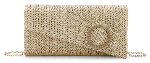 BWBIKE Bolso de Mano de paja de Moda PP para Mujer, Bolso de Playa de Verano Boho Tejido con Cadena Desmontable Bolso de Sobre para Noche para Fiestas Formales y Bodas