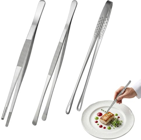 3 Stück Kochpinzette Set, 30cm 28cm Profi Grillpinzette Küchenpinzette | Edelstahl, Fleischpinzette Pinzette Küche für Kochen Grillen Essen Servieren