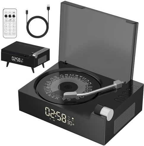 Bärbar CD-spelare för hemmet med Hi-Fi-högtalare, Bluetooth-sändare och mottagare, timer, LED-skärm, integrerade dubbla högtalare, USB/AUX-stöd (svart)