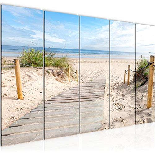 Runa Art Wandbild XXL Strand Meer Schlafzimmer Wohnzimmer 200 x 80 cm Beige Blau 5 Teilig - Made in Germany - 607355b