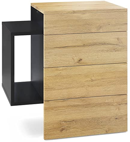 Vladon Comodino Queens, comodino a parete con 2 cassetti e 1 scomparto laterale, nero opaco/quercia naturale (60 x 63 x 36 cm)
