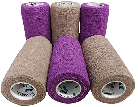 PintoMed Selbstklebender Verband Gedehnt -3 x Beige + 3 x Lila Bandagen Rollen -10cm x 4,5m Haftbandage Fixierbinde Selbsthaftend Health Pflaster Sport Tape Stück für Handgelenk, Bein Arm Vet Wrap