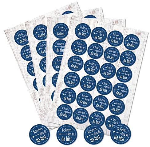 Logbuch-Verlag 96 Schön dass Du da bist blau weiß Sticker rund 4 cm Tischkarten Gäste Geschenke Tischkarten