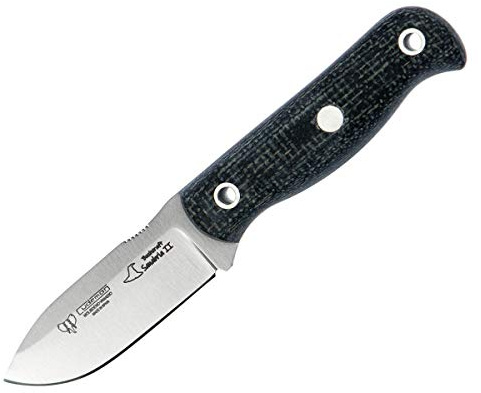 Cuchillo Cudeman 182-T Mini SANABRIA II BUSHCRAFT hoja de acero ACX-380 de 7 cm empuñadura de yute negro de 8,5 cm funda de cuero para Caza, Pesca, Supervivencia y Bushcraft