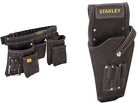 Stanley Stst1-80113 Porte Outils Double Ceinture - Nombreuses Poches - Cuir de Qualité Supérieure - Renfort Par Rivets - 145 x 9 x 26 & STST1 – 80118 Fourreau Porte Perceuse