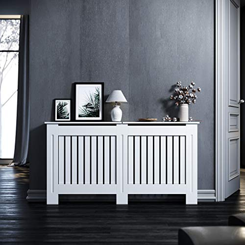ELEGANT GRCV15W-1 Revêtement de radiateur, bois, blanc, lamelles verticales, cache-radiateur, grand format, 152 x 19 x 81,5 cm