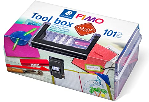 STAEDTLER Werkzeug-Set FIMO, FIMO Leather-Effect, Stempelset, Perforierwerkzeug, Modellierwerkzeug, Näh-Set, Schritt-für-Schritt Anleitung, 15-teilige Werkzeugbox, 8019 01