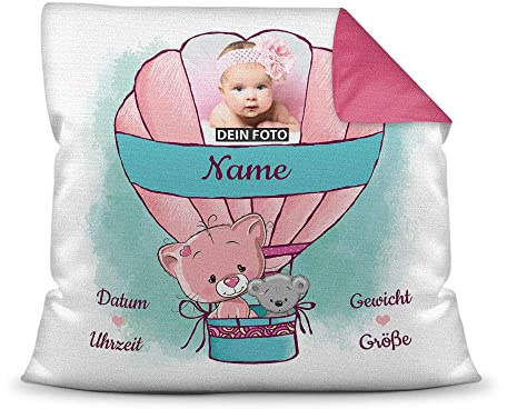 Kissen mit Füllung - mit Geburtsdaten personalisieren - Babygeschenk für Mädchen, Geschenk zur Geburt oder Taufe, Geburtskissen, Namenskissen fürs Baby I Farbkissen Rückseite Pink, 40x40 cm