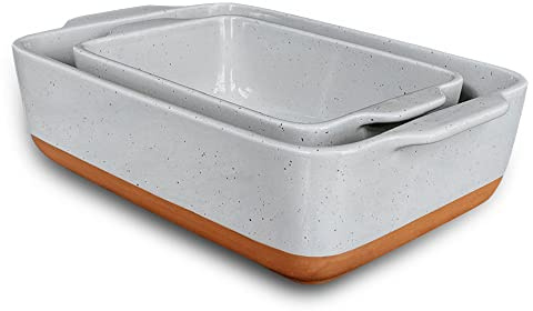 Mora Ceramic Set of 2 Baking Dishes For Casserole, Banana Bread, Brownies, Broiling, Roasting, and Baking. 7x11 in and Loaf Pans - Porcelain Serving Bakeware from Oven to Table. Freezer Safe - Grey