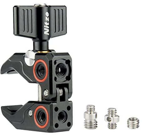 Nitze Super Clamp with 3/8 to 1/4 Thread Adapter, Crab Shaped Clamp with 1/4 to 3/8 Screw, Tripod Clamp Aluminum Alloy Payload Up to 5 Kg for Camera Tripod, Monitor Cage,GoPro - N18A