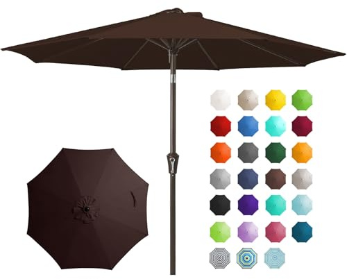 JEAREY 9FT Outdoor Patio Umbrella Outdoor Table Umbrella with Push Button Tilt and Crank, Market Umbrella 8 Sturdy Ribs UV Protection Waterproof for Garden, Deck, Backyard, Pool (Brown)