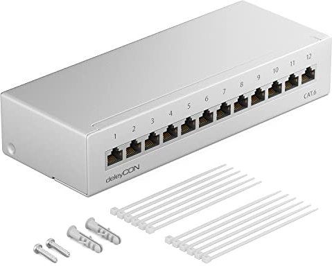 deleyCON CAT 6 Patchpanel Verteilerfeld 12 Port 1 HE RJ45 - Lichtgrau | Desktop & Wandmontage, geschirmt, 12x RJ45 Buchse, LAN Netzwerk Verlegekabel, TIA568A TIA568B, RAL 7035