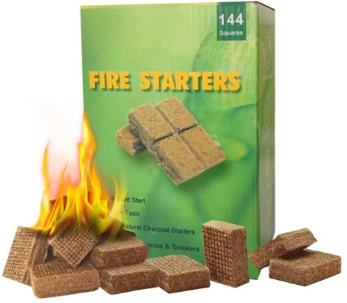 KAMaster 144 Pack Fire Starter Cubes - 35 Minutes Long Burning All Weather Firelighters, Waterproof & Windproof for Grill, BBQ, Fire Pit, Camping, Survival - Natural Wood Firelighters(Easy Ignite)