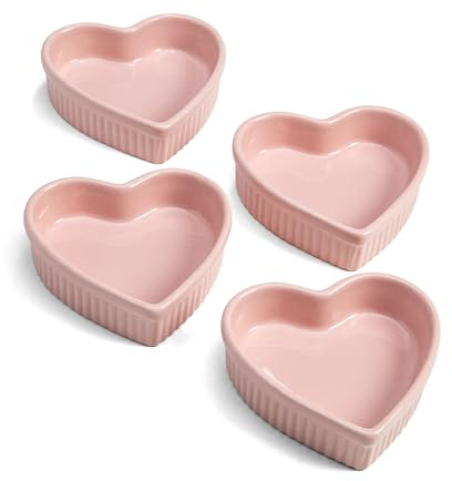 Paris Hilton Herzförmiges Auflaufförmchen-Set, Mini-Keramik-Auflaufförmchen, ofenfest, spülmaschinenfest, Steingut ohne PFOA, 4-teiliges Set, rosa