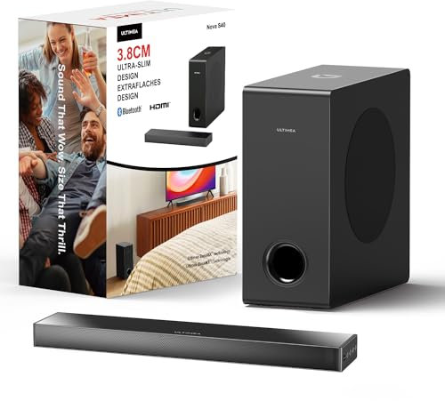 ULTIMEA Sound Bar for TV with Subwoofer, Deep Bass Ultra Slim Soundbar, 2.1ch Soundbar, EQ Adjustable, Bluetooth 5.3 TV Sound Bar, Game Mode Perfect for PC, HDMI ARC/OPT/AUX/USB, Nova S40