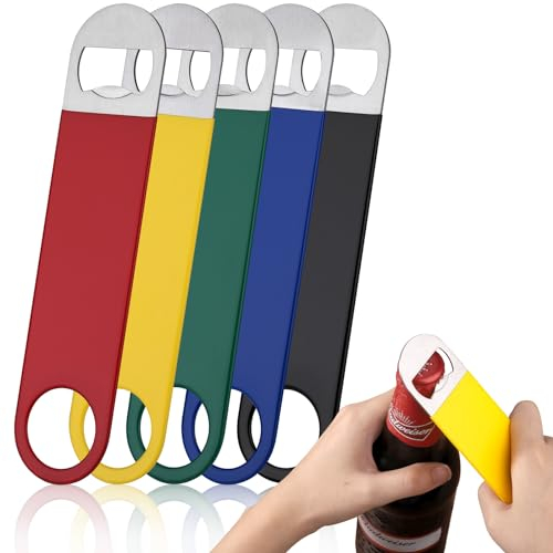 Huiguli Bottle Opener, 5 PCS Thickened Stainless Steel Beer Openers, Flat Bottle Opener, Rubber Coated Bar Blade for Bartender Bar Kitchen Restaurant, Dishwasher Safe, 7 inch/17.8cm