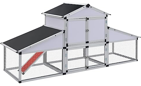 Hühnerstall mit Nistkasten, Freilaufgehege, Einer Auszugswanne, Eine abnehmbare Rampe, Voliere Hühnerhaus Hühnerklappe, Aluminium Rahmen, 258 x 74 x 117 cm