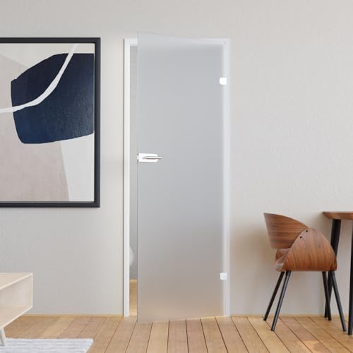 Glastür Komplettset mit Beschlag 834 x 1972 mm Milchglas weiß - Glastüren aus ESG Glas 8mm satiniert - Innentür Glas mit Türgriff Edelstahl eckig mit Buntbart DIN rechts