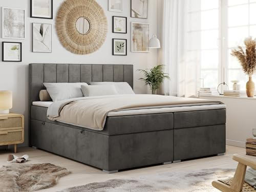 MKS MEBLE Boxspringbett mit 2 Bettkästen, Polsterbett mit Matratze H3 und Topper T25, Bett 200x200 cm mit Kopfteil - Dunkelgrau Velvet - H3 - Ally