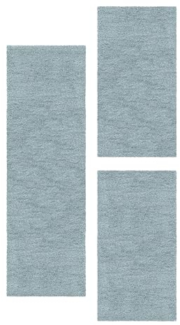 Carpetsale24 Bettumrandung Schlafzimmer 3 teilig Hochflor Teppich Blau Bettvorleger Schlafzimmer Bettset: 2 St. 80x150 cm | 1 St. 80x250 cm - Einfarbiger 50 mm Flauschiger Teppich Läufer Set