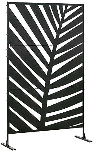 Outsunny Raumteiler 3-teilig 122 x 198 cm Balkon Sichtschutz Raumtrenner mit Bananenblattmuster Freistehend Paravent mit Ständer Trennwand 3-TLG Sichtschutz Stahl Raumteiler für Garten, Schwarz